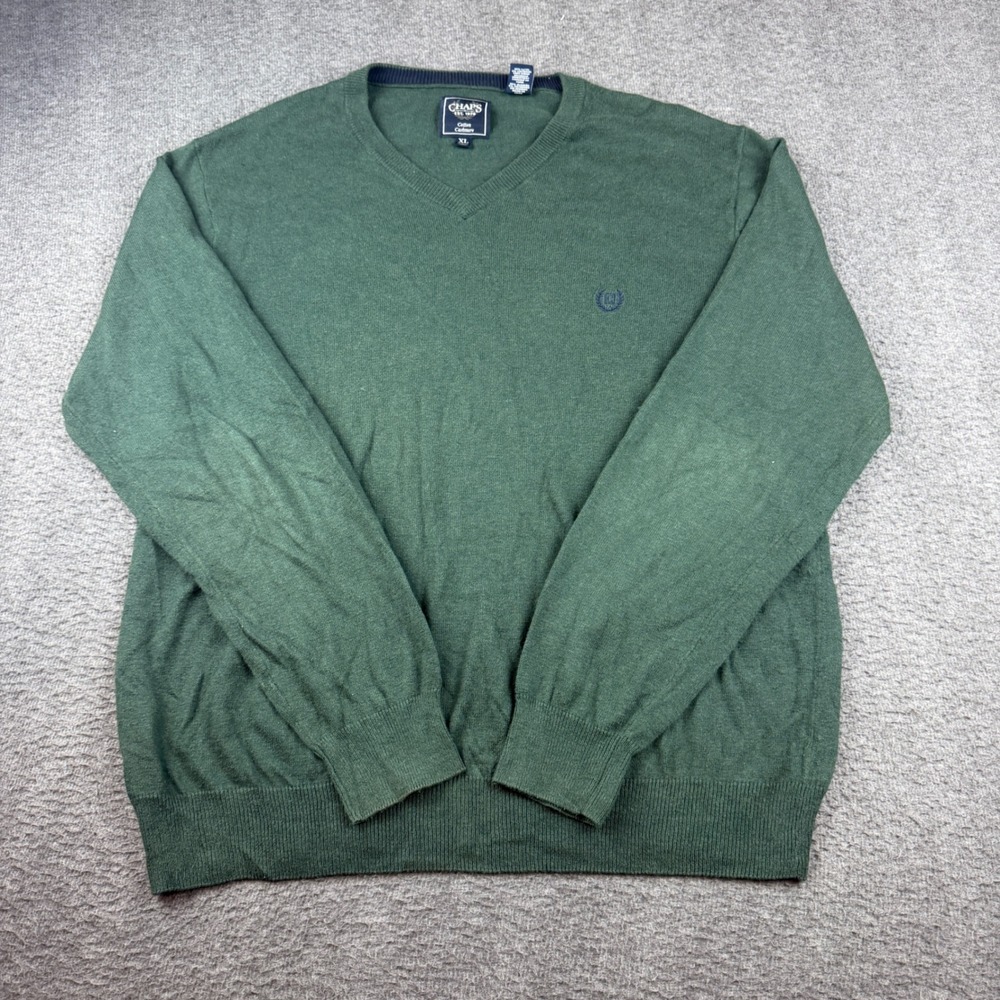 Chaps V-Neck Sweater Men's XL Green Cotton Cashmere Blend Long Sleeve Logo